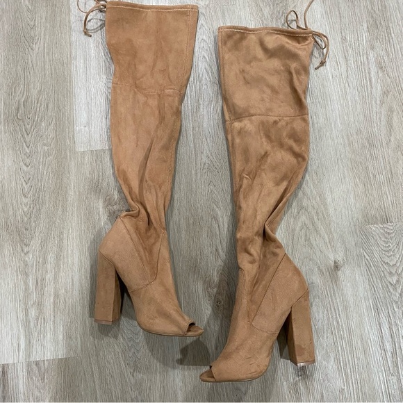 Steve Madden Elliana Tan Peep Toe Thigh High Boots - Picture 1 of 13